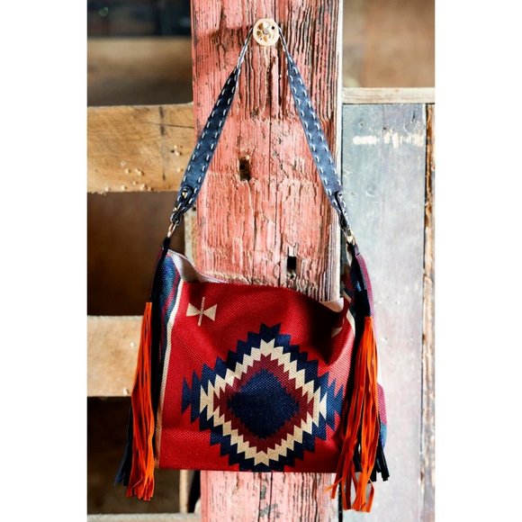 Handbags - Tote, Purse. Rust/Multi Southwestern Pattern. Faux Leather Straps and Tassels.
